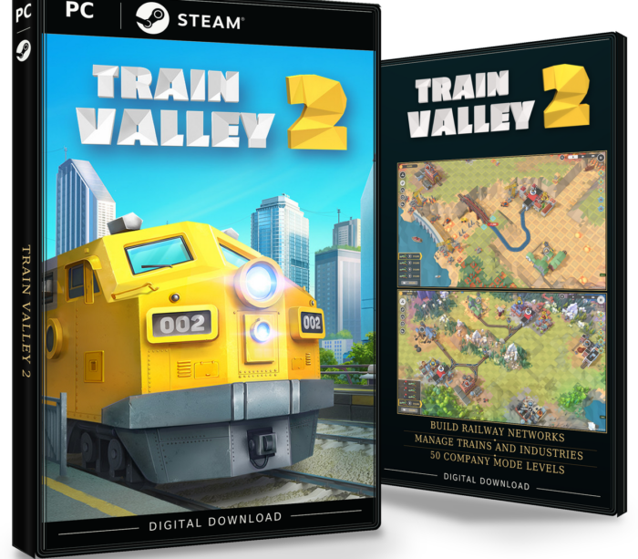 Forside og bakside for Train Valley 2 til Steam, med to skjermbilder fra spillet.