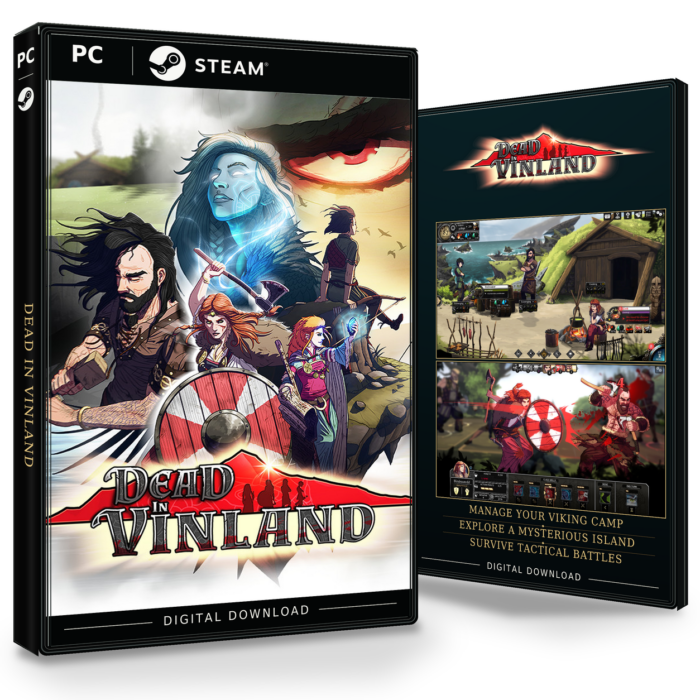 Forside og bakside for Dead In Vinland til Steam, med to skjermbilder fra spillet.