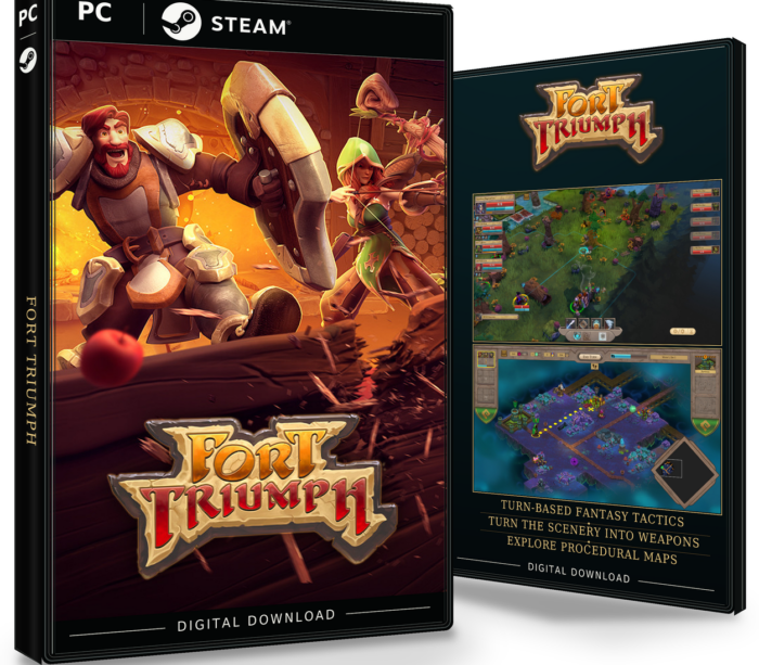 Forside og bakside for Fort Triumph til Steam, med to skjermbilder fra spillet.