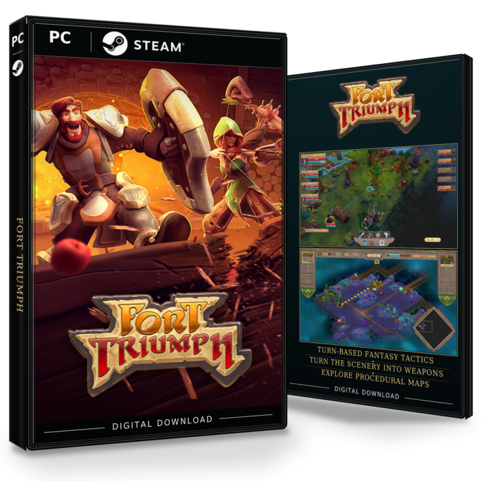 Forside og bakside for Fort Triumph til Steam, med to skjermbilder fra spillet.
