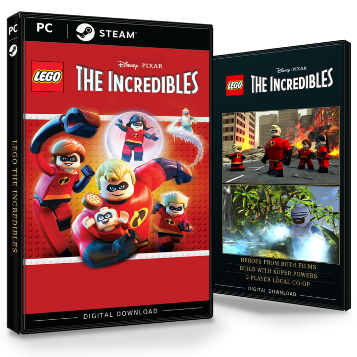 Forside og bakside for LEGO The Incredibles Steam, med to skjermbilder fra spillet.
