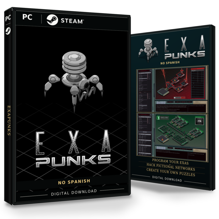 Forside og bakside for EXAPUNKS til Steam, med to skjermbilder fra spillet.