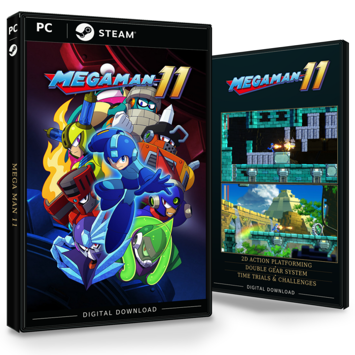 Produktbilde med forside og bakside for Mega Man 11 Steam.