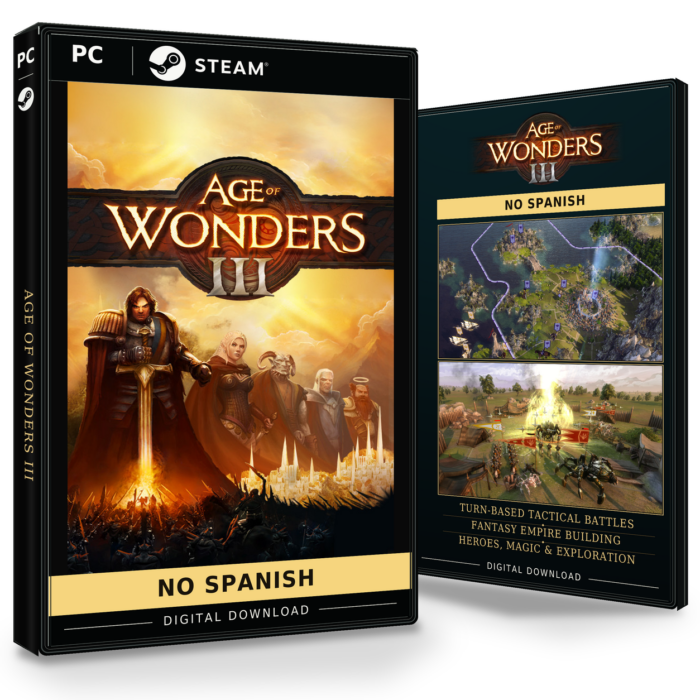 Forside og bakside av Age of Wonders III for Steam, vist som to produktesker for den digitale utgaven. Bildet opplyser at spillet ikke har spansk språk.