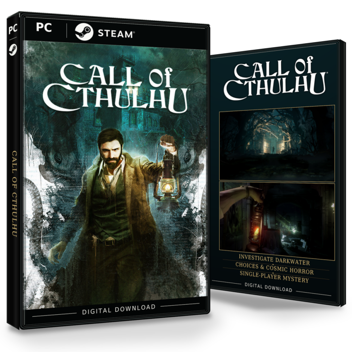 Forside og bakside for Call of Cthulhu til Steam, med to skjermbilder fra spillet.