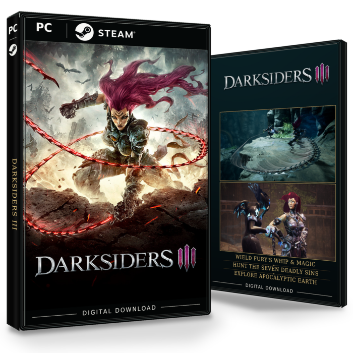Forside og bakside for Darksiders III til Steam, med to skjermbilder fra spillet.
