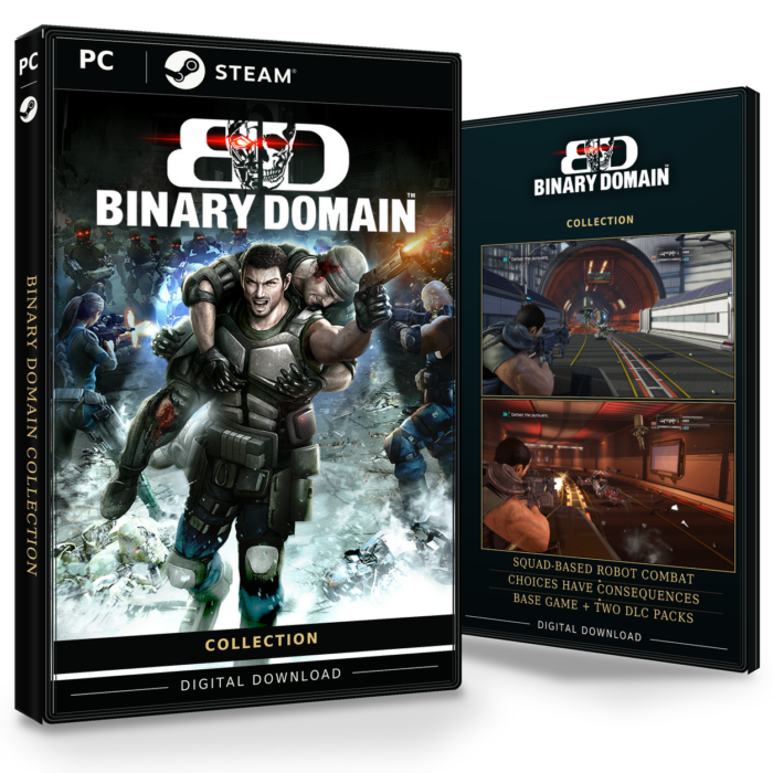 Forside og bakside for Binary Domain Collection til Steam, med to skjermbilder fra spillet.
