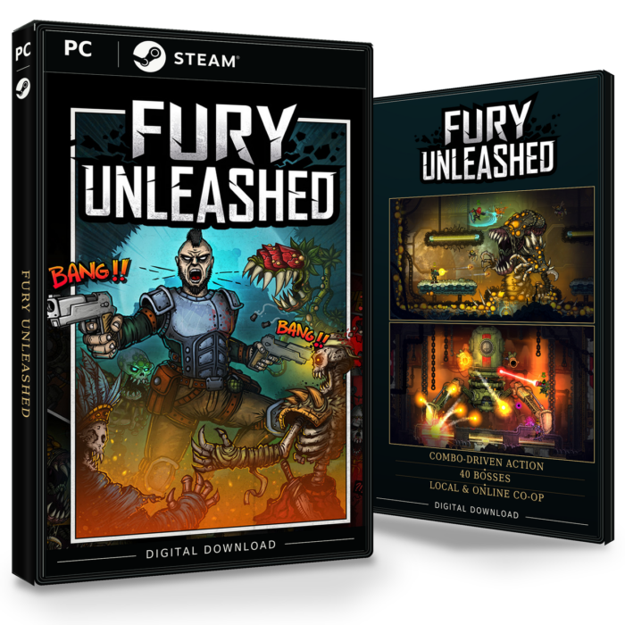 Forside og bakside for Fury Unleashed til Steam, med to skjermbilder fra spillet.