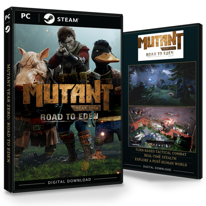 Forside og bakside for Mutant Year Zero: Road to Eden til Steam, med to skjermbilder fra spillet.