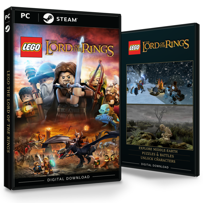 Forside og bakside av LEGO The Lord of the Rings Steam, med to skjermbilder fra spillet.