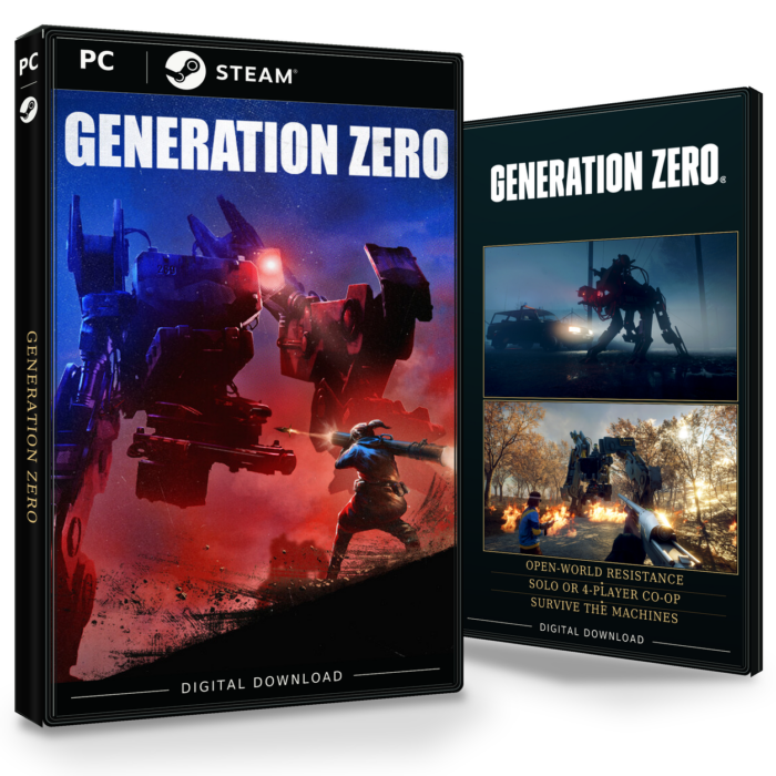 Forside og bakside for Generation Zero til Steam, med to skjermbilder fra spillet.