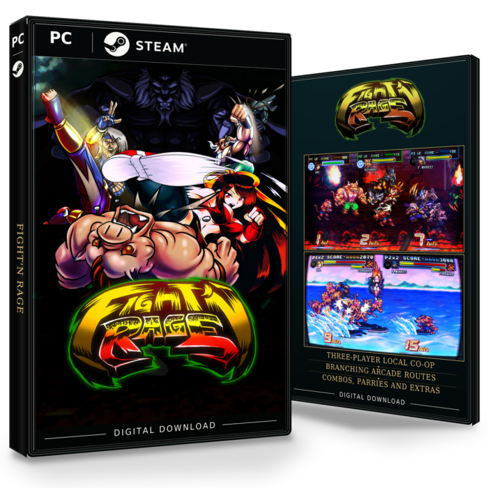 Forside og bakside for Fight'N Rage til Steam, med to skjermbilder fra spillet.