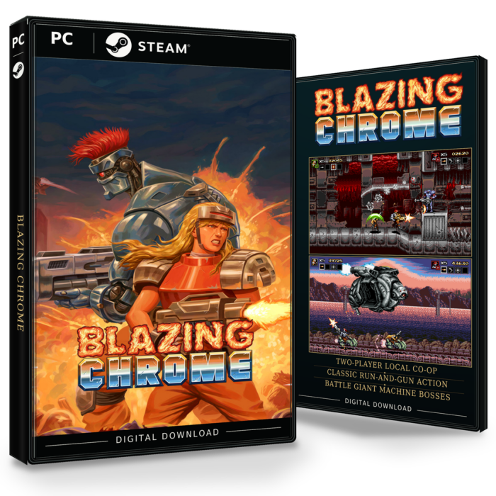 Forside og bakside for Blazing Chrome til Steam, med to skjermbilder fra spillet.