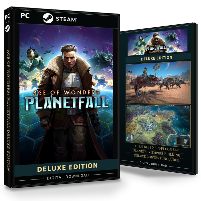 Forside og bakside av Age of Wonders: Planetfall Deluxe Edition til Steam, med to spillbilder og merking for digital nedlasting.