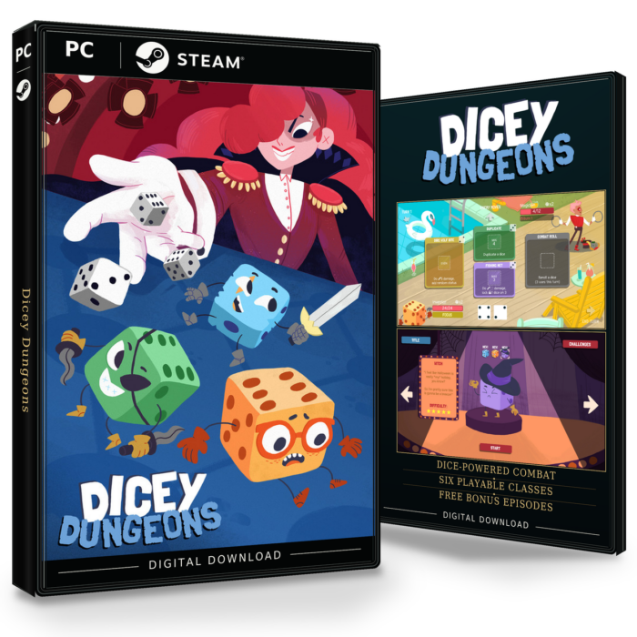 Forside og bakside for Dicey Dungeons til Steam, med to skjermbilder fra spillet.