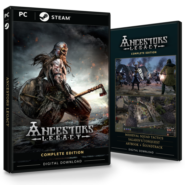 Forside og bakside for Ancestors Legacy Complete Edition til Steam, med to skjermbilder fra spillet.