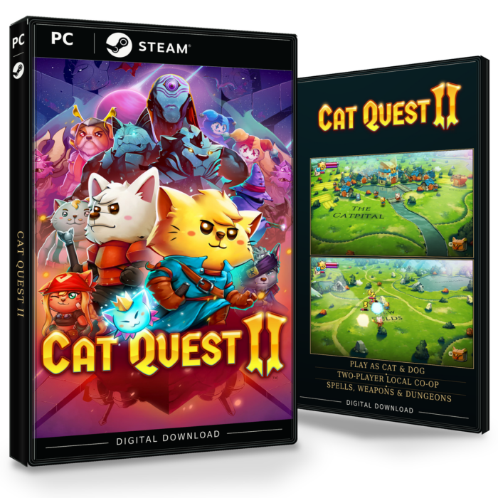 Produktbilde med forside og bakside for Cat Quest II Steam.