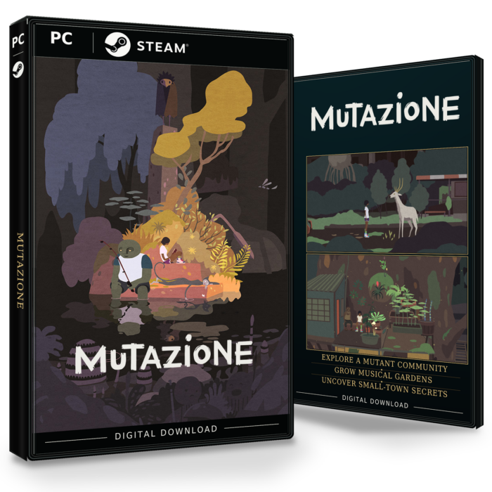 Forside og bakside for Mutazione til Steam, med to skjermbilder fra spillet.