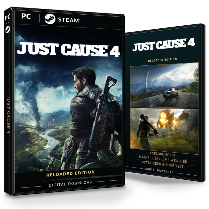 Forside og bakside for Just Cause 4 Reloaded til Steam, med to skjermbilder fra spillet.