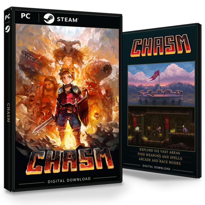Forside og bakside for Chasm til Steam, med to skjermbilder fra spillet.