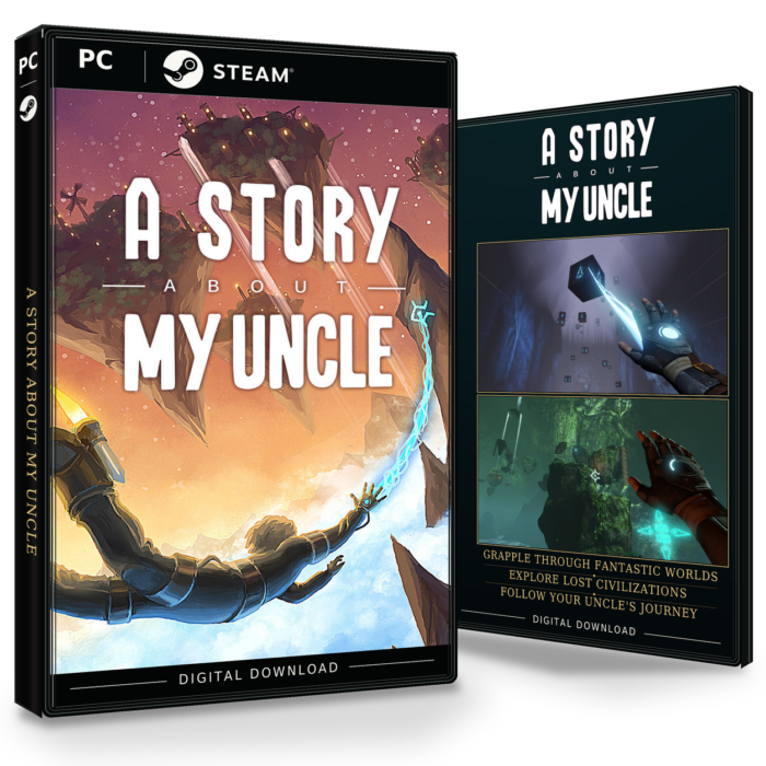Forside og bakside for A Story About My Uncle til Steam, med to skjermbilder fra spillet.