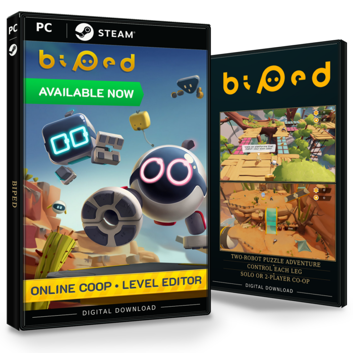 Forside og bakside av Biped for Steam, vist som to produktesker for den digitale utgaven.