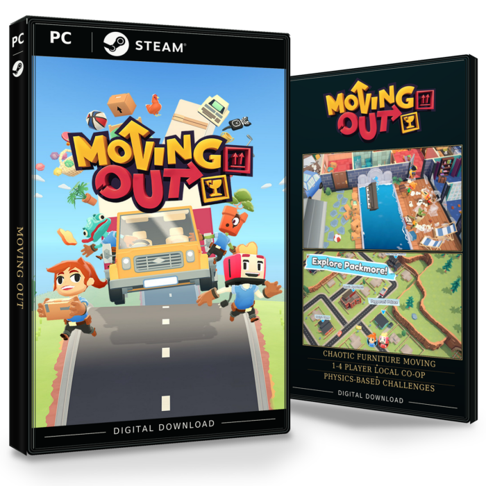 Forside og bakside av Moving Out for Steam, vist som to produktesker for den digitale utgaven.