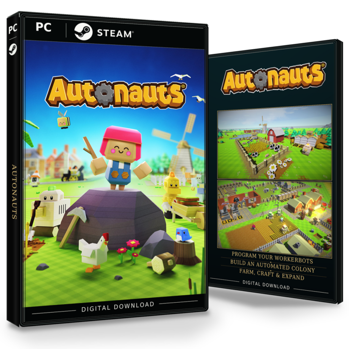 Forside og bakside for Autonauts til Steam, med to skjermbilder fra spillet.