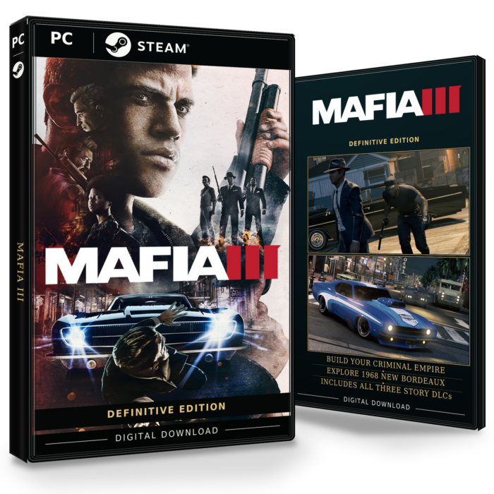Forside og bakside for Mafia III: Definitive Edition til Steam, med to skjermbilder fra spillet.