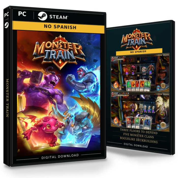 Forside og bakside for Monster Train til Steam, med to skjermbilder fra spillet.