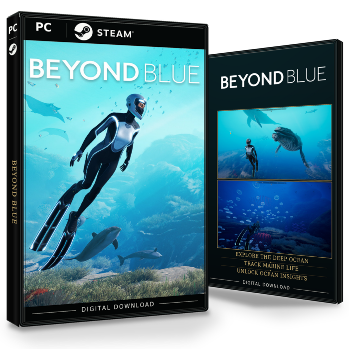 Forside og bakside for Beyond Blue til Steam, med to skjermbilder fra spillet.