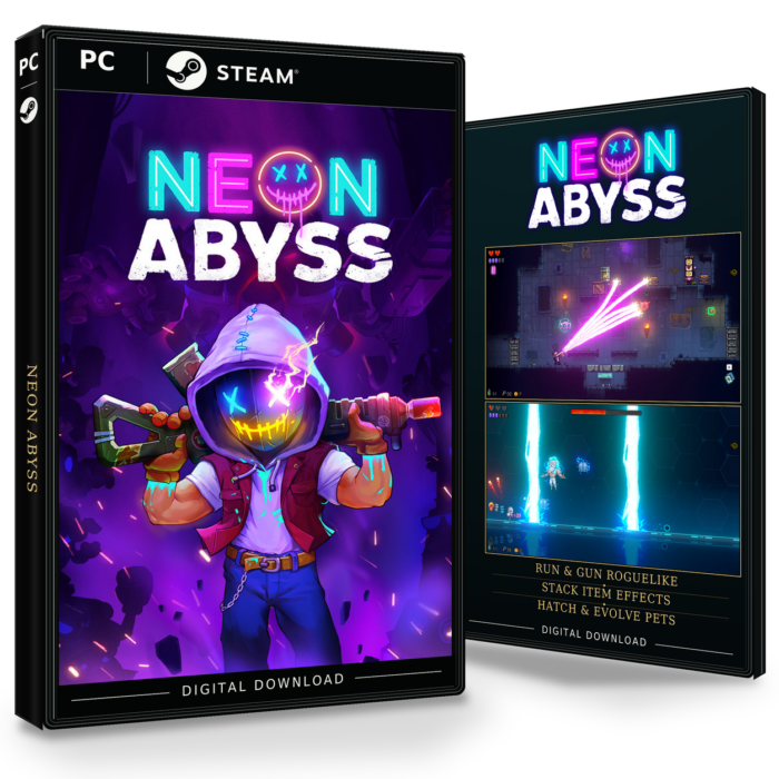 Forside og bakside av Neon Abyss for Steam, vist som to produktesker for den digitale utgaven.