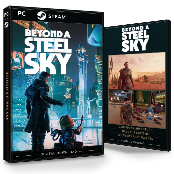Forside og bakside av Beyond a Steel Sky Steam