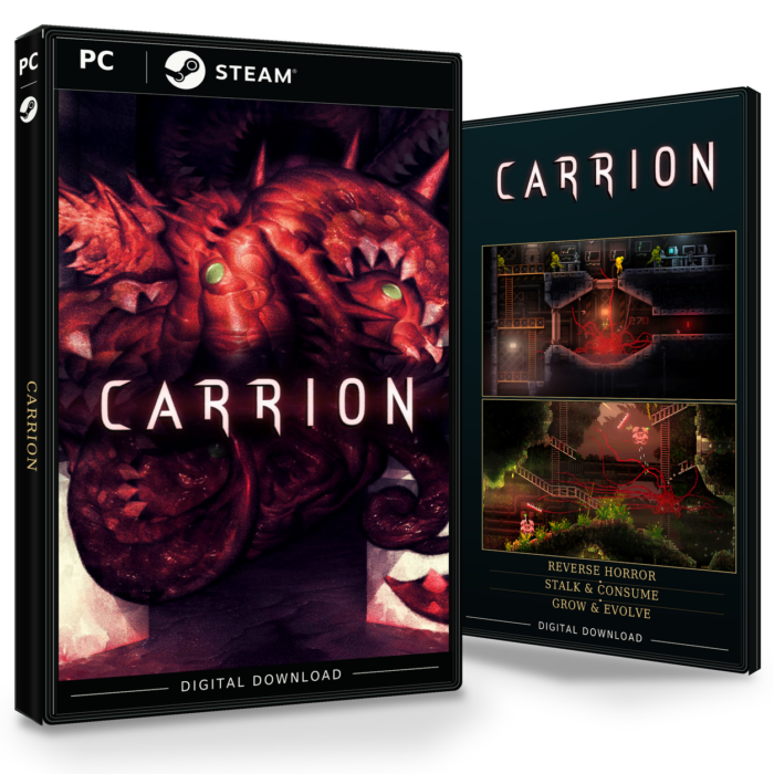 Forside og bakside for CARRION Steam, med to skjermbilder fra spillet.