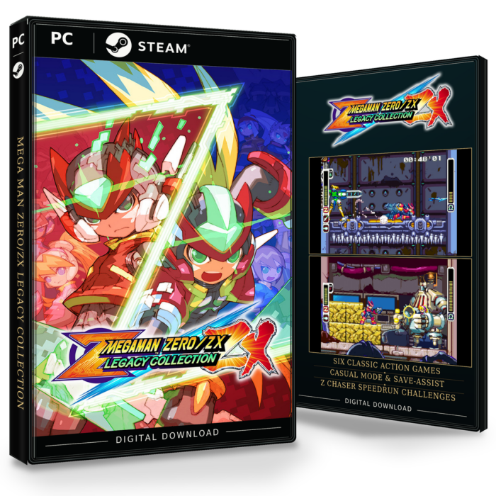 Mega Man Zero/ZX Legacy Collection for Steam med forside og bakside, spillbilder og merking for digital nedlasting.