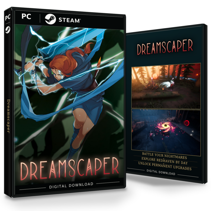 Forside og bakside for Dreamscaper til Steam, med to skjermbilder fra spillet.