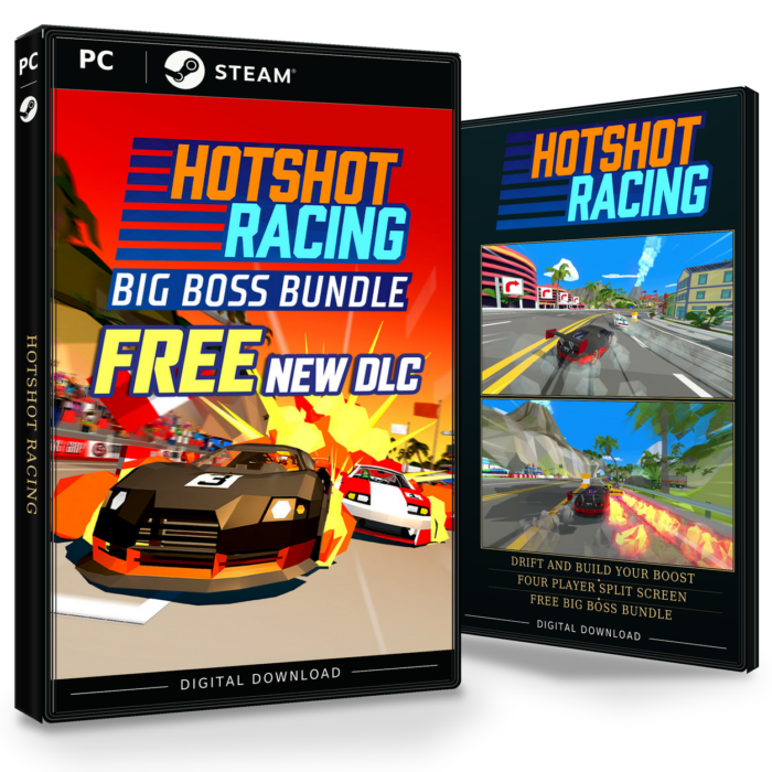 Forside og bakside for Hotshot Racing til Steam, med to skjermbilder fra spillet.