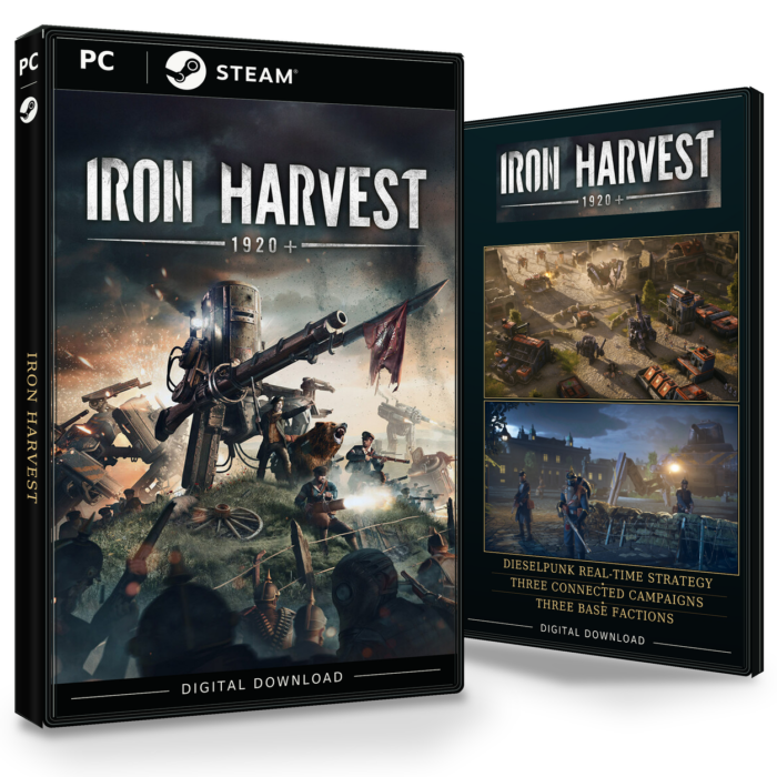 Forside og bakside for Iron Harvest til Steam, med to skjermbilder fra spillet.