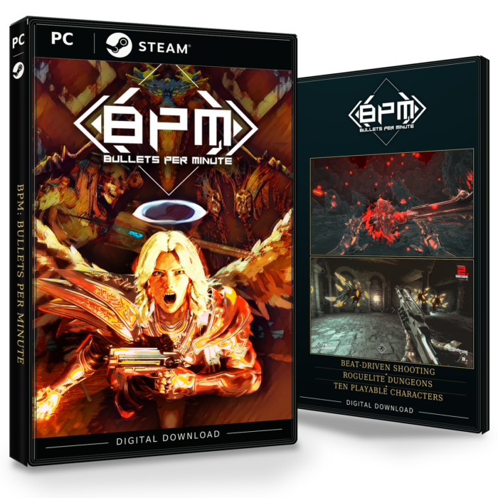 Forside og bakside for BPM: BULLETS PER MINUTE til Steam, med to skjermbilder fra spillet.