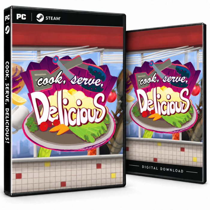 Cook, Serve, Delicious! for Steam – to illustrerte spillomslag med restaurant- og matmotiv.
