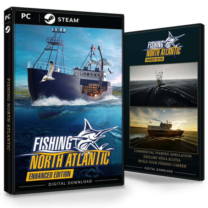 Forside og bakside for Fishing: North Atlantic Enhanced Edition til Steam, med to skjermbilder fra spillet.