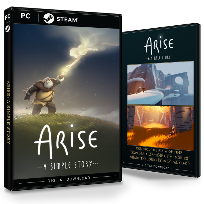 Forside og bakside for Arise: A Simple Story Steam, med to skjermbilder fra spillet.