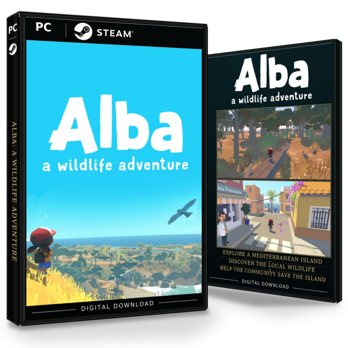 Forside og bakside for Alba: A Wildlife Adventure Steam, med to skjermbilder fra spillet.