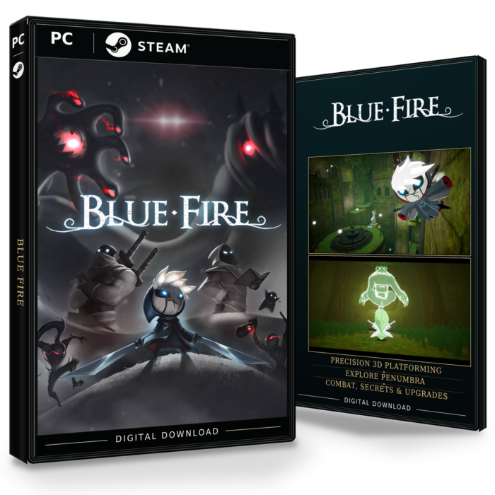Forside og bakside for Blue Fire til Steam, med to skjermbilder fra spillet.