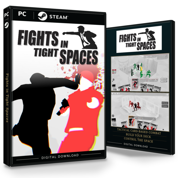 Forside og bakside for Fights in Tight Spaces til Steam, med to skjermbilder fra spillet.