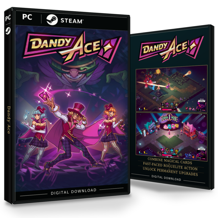 Forside og bakside for Dandy Ace til Steam, med to skjermbilder fra spillet.