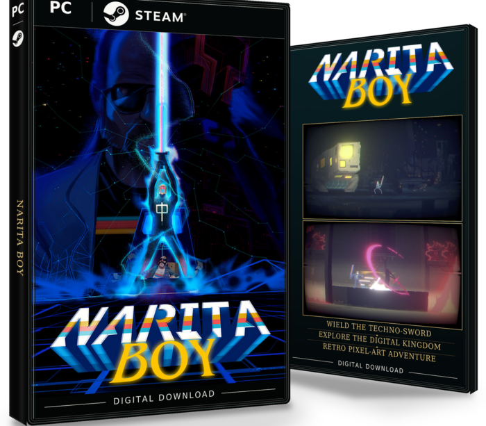 Forside og bakside for Narita Boy til Steam, med to skjermbilder fra spillet.