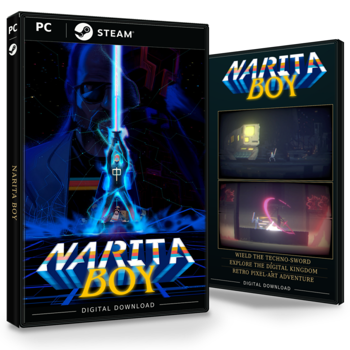 Forside og bakside for Narita Boy til Steam, med to skjermbilder fra spillet.