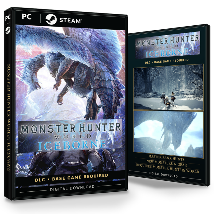 Forside og bakside for Monster Hunter World: Iceborne DLC til Steam, med to skjermbilder fra spillet.
