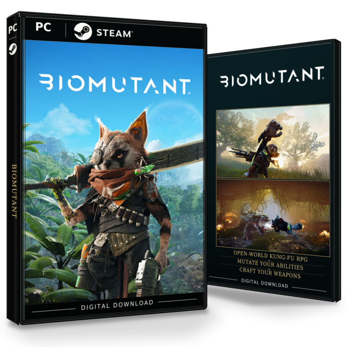 Forside og bakside for BIOMUTANT til Steam, med to skjermbilder fra spillet.